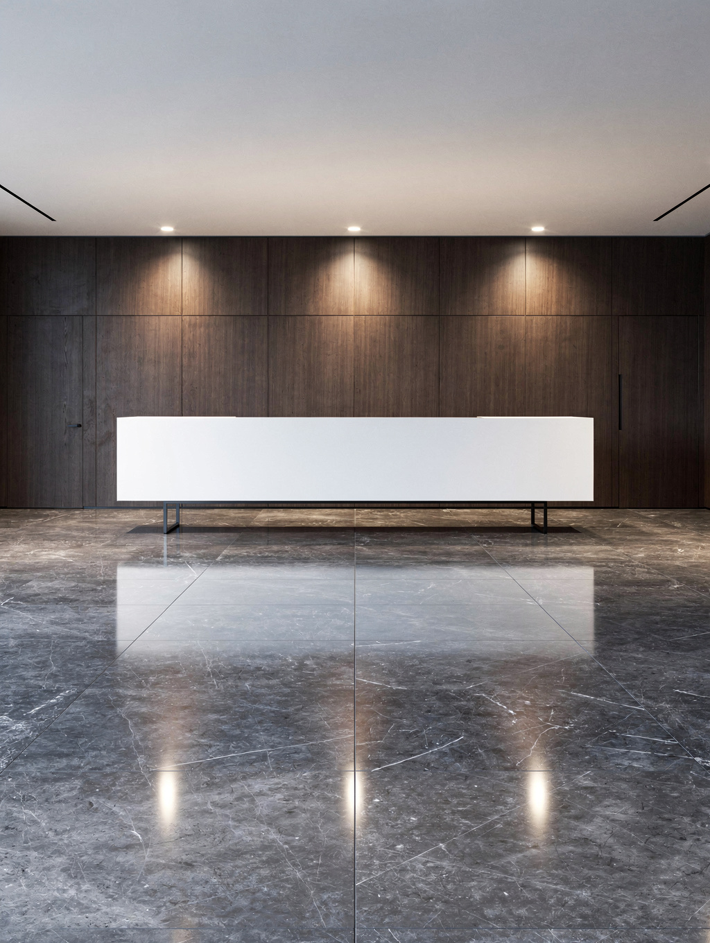 Apex commercial reception desk with waterfall Calacatta marble
