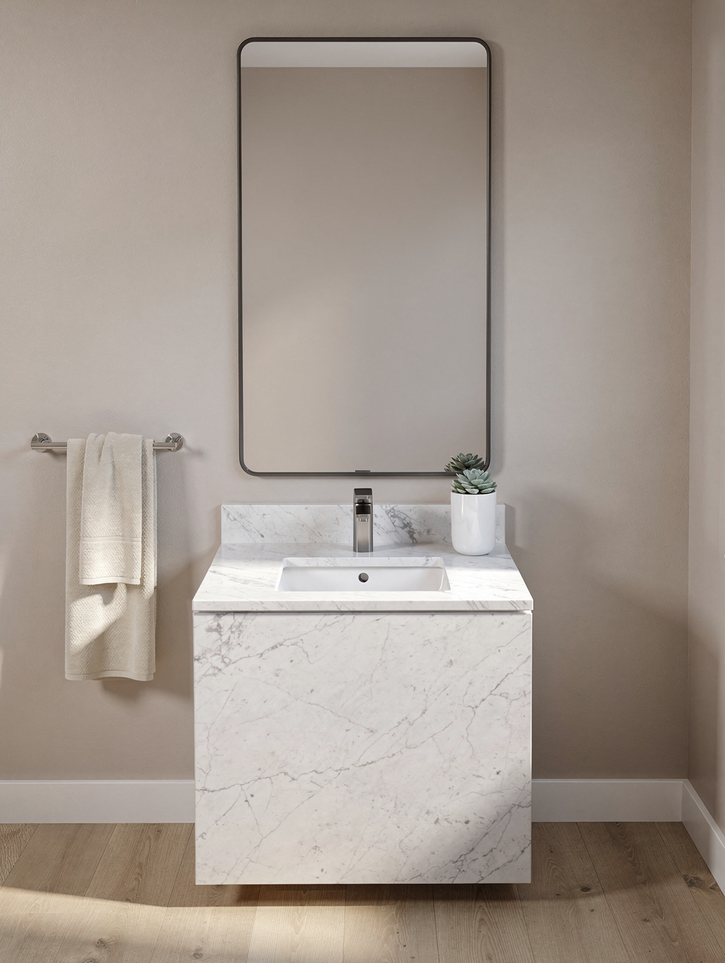 Bayshore primary bath vanity with floating maple cabinetry and Carrara marble