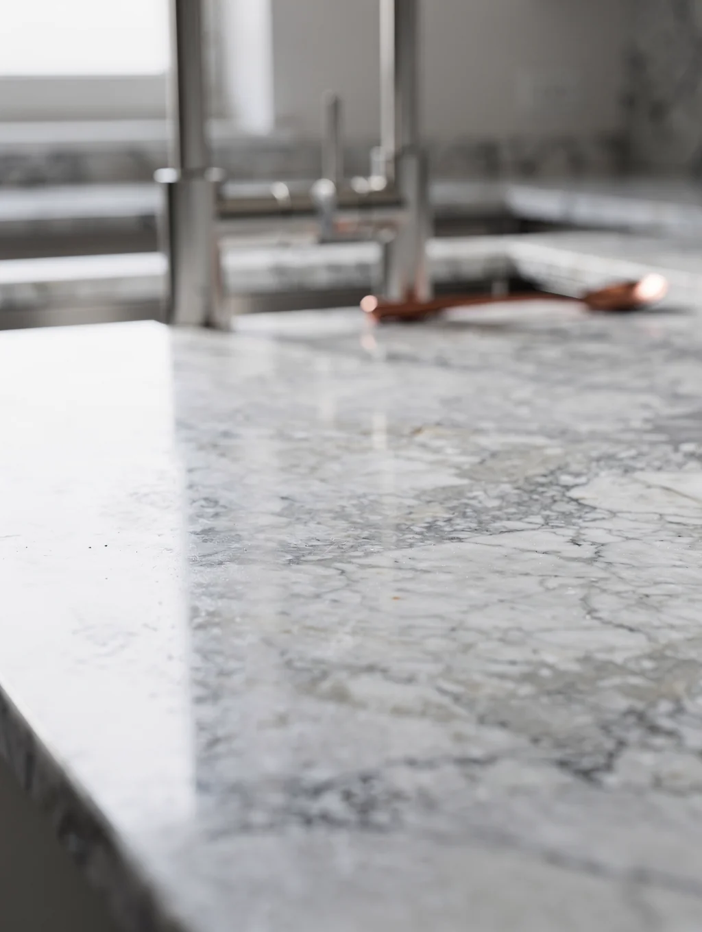 Bookmatched marble countertop with polished edge
