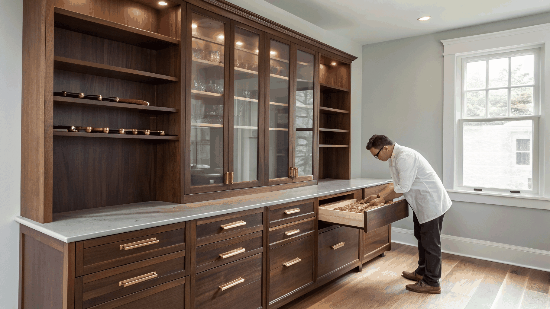 Commercial breakroom cabinets and storage credenzas in walnut laminate