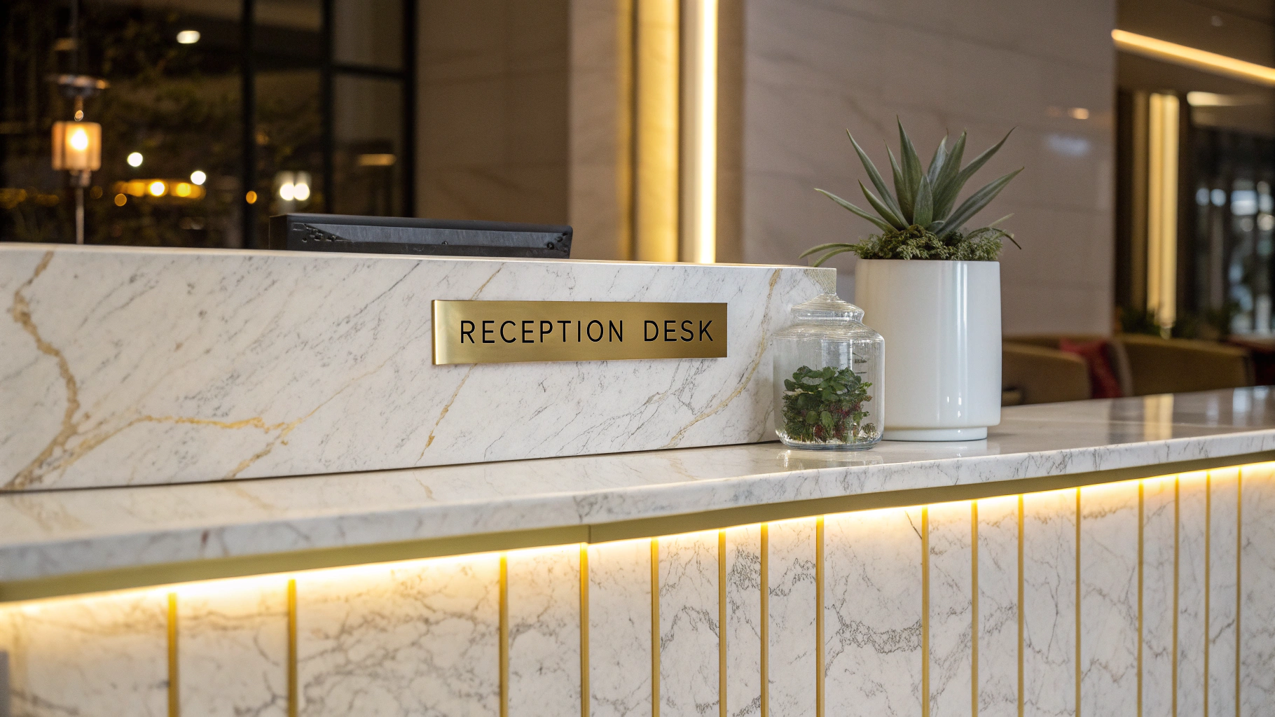 Commercial lobby reception desk crafted from solid marble