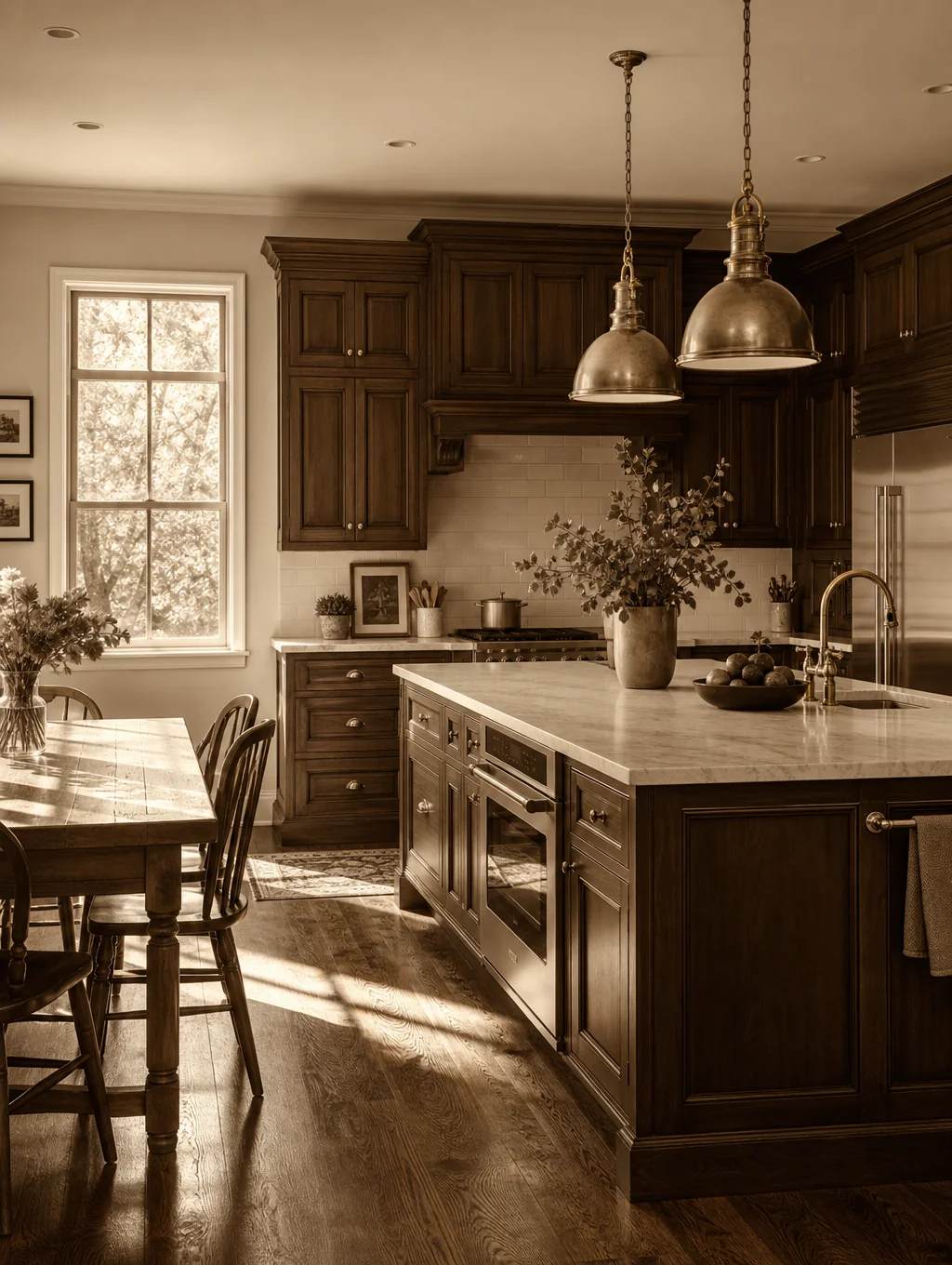 Custom crafted dark wood kitchen cabinets with waterfall granite island countertop
