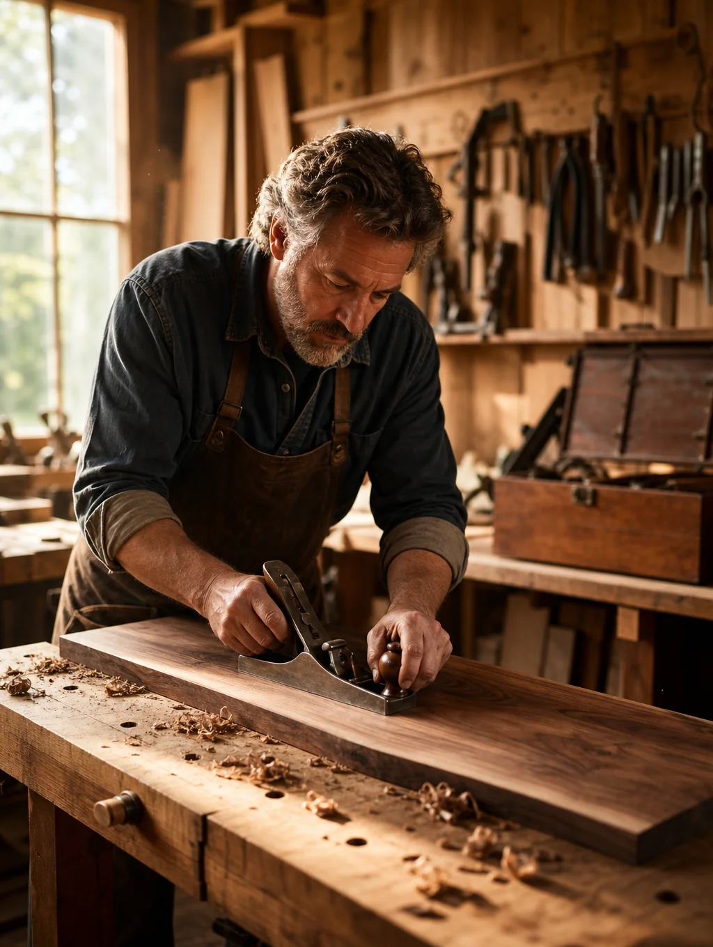 Custom walnut cabinet construction in workshop
