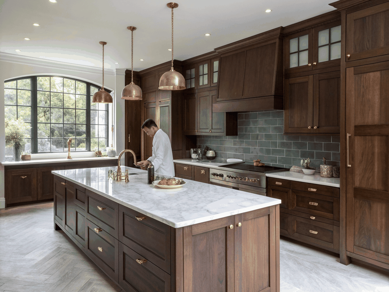Luxury custom walnut kitchen with stone island