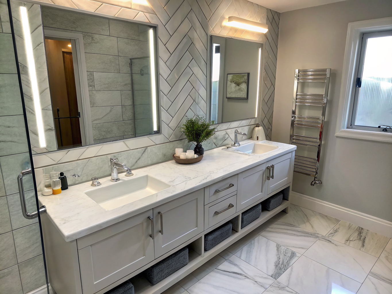 Double bathroom vanity with marble countertop
