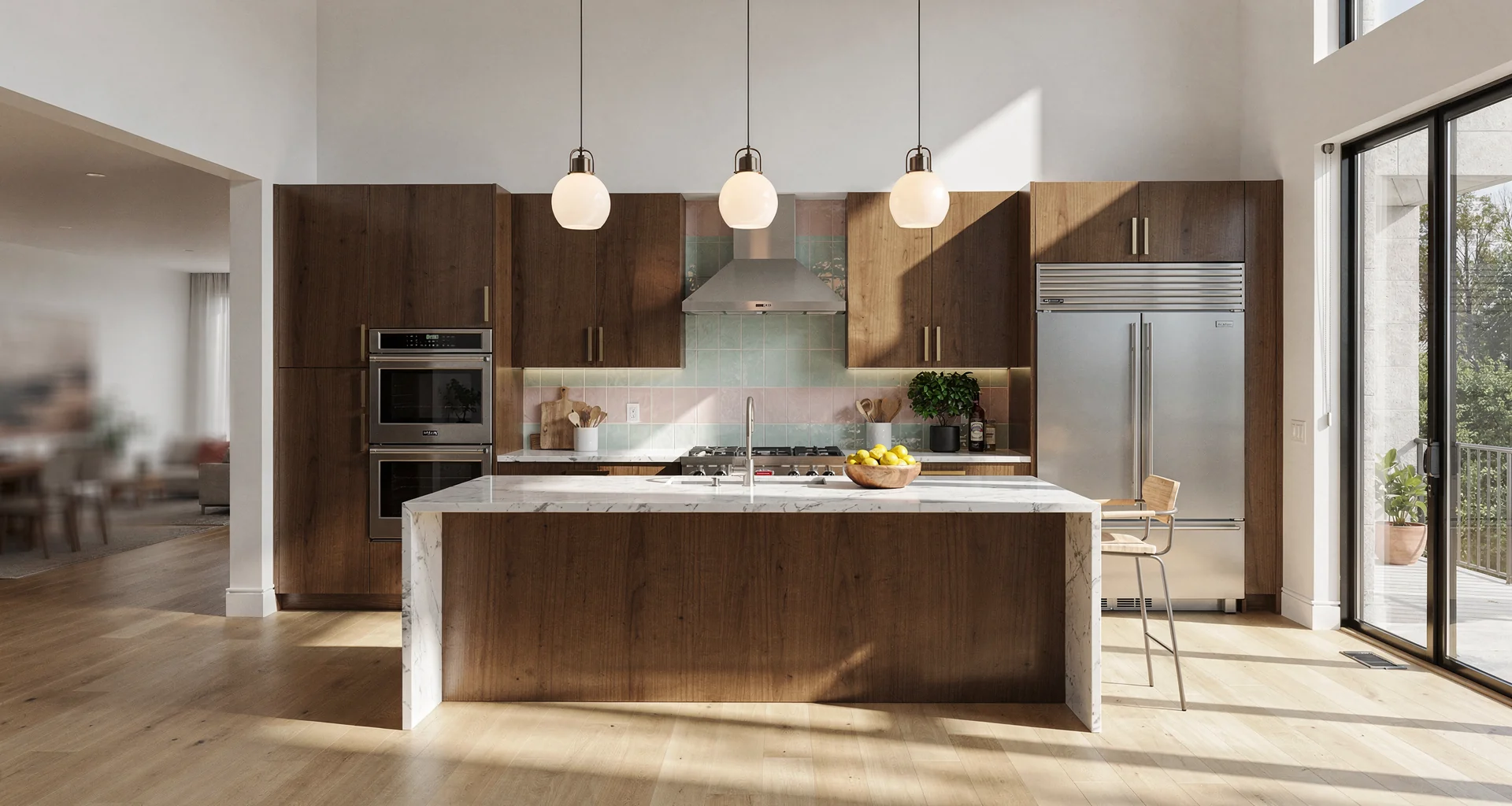 Highland residential kitchen with walnut cabinetry and leathered granite counters