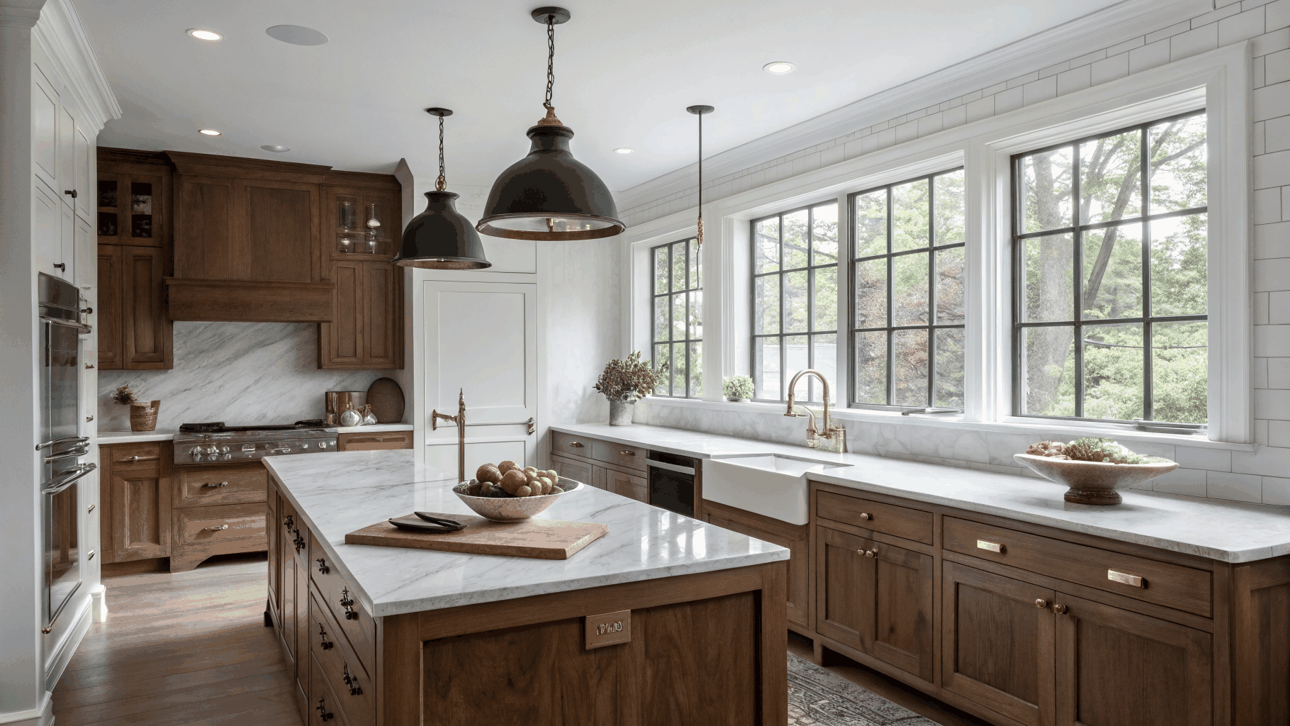 Custom kitchen cabinets with brass hardware and precise joinery