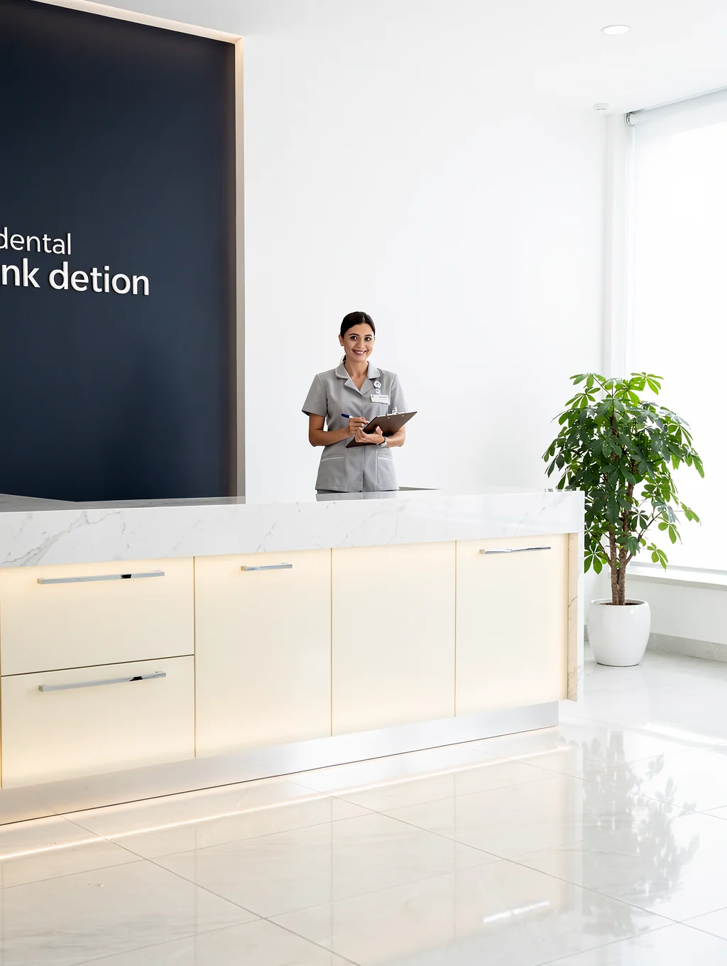St Clair medical reception desk with honed granite transaction counter