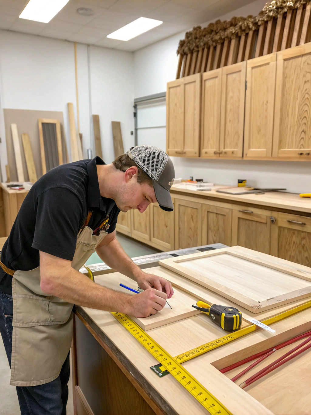 Craftspeople assembling custom cabinets and inspecting granite in workshop